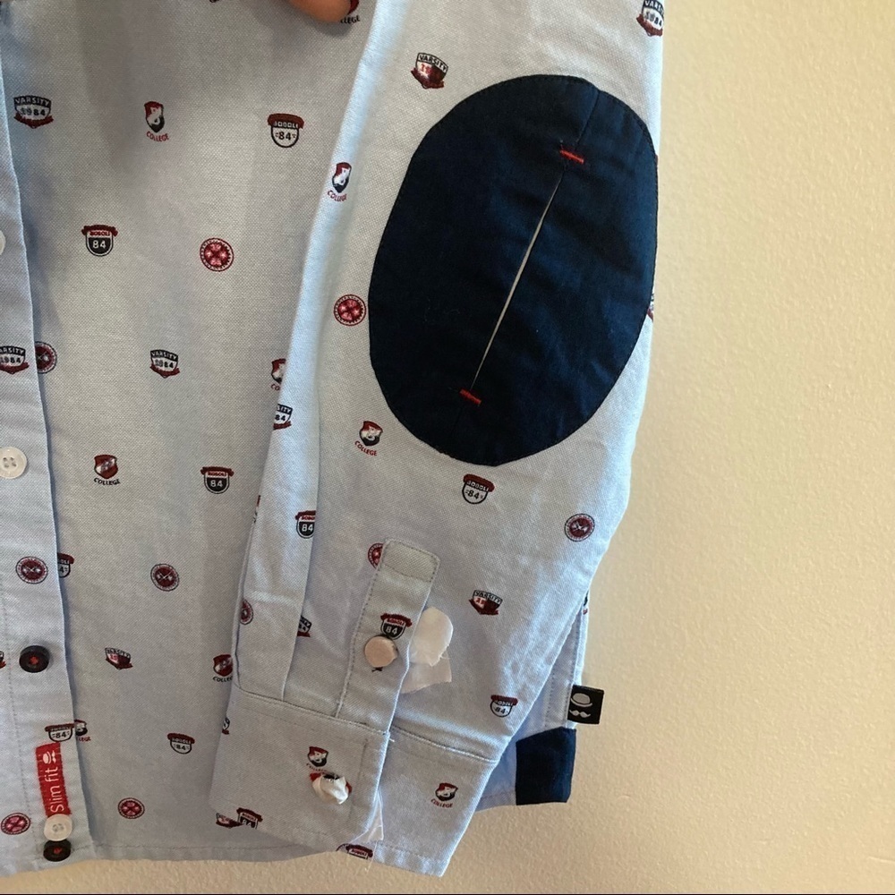 boys boboli 10 varsity printed cotton button down dress shirt preppy elbow patch - Picture 10 of 12